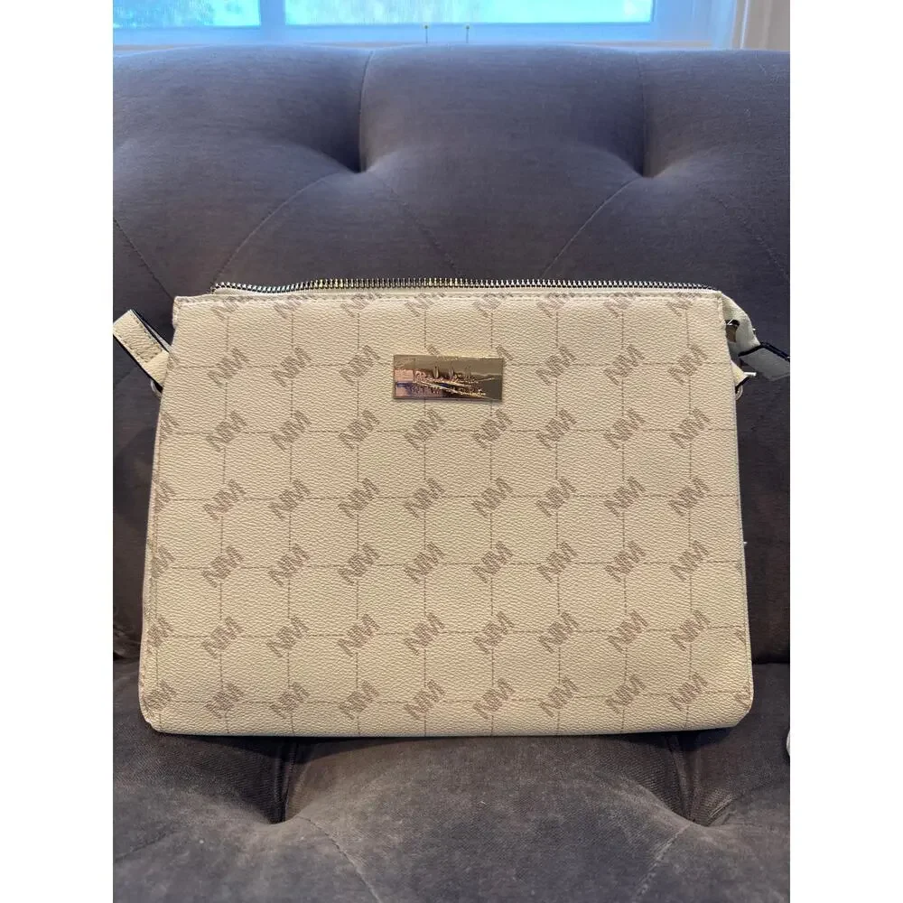 MSRP $50 | NWT Nicole Miller Off White Logo Crossbody Bag w/ Pouch Gold Hardware